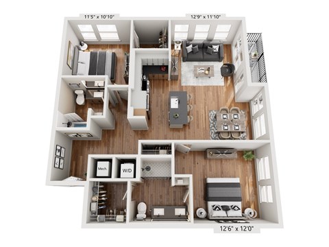Floor plan for 2 beds, 2 baths, 1185 sqft